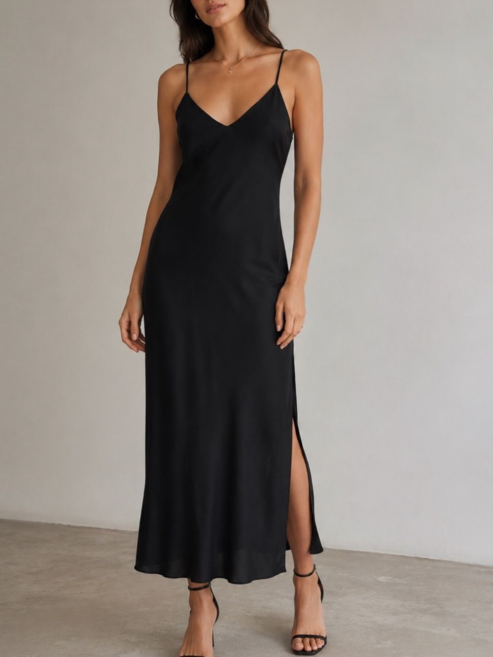 Forever 21 Black Silky Slip Dress Midi Maxi front leg Slit Minimalist chic